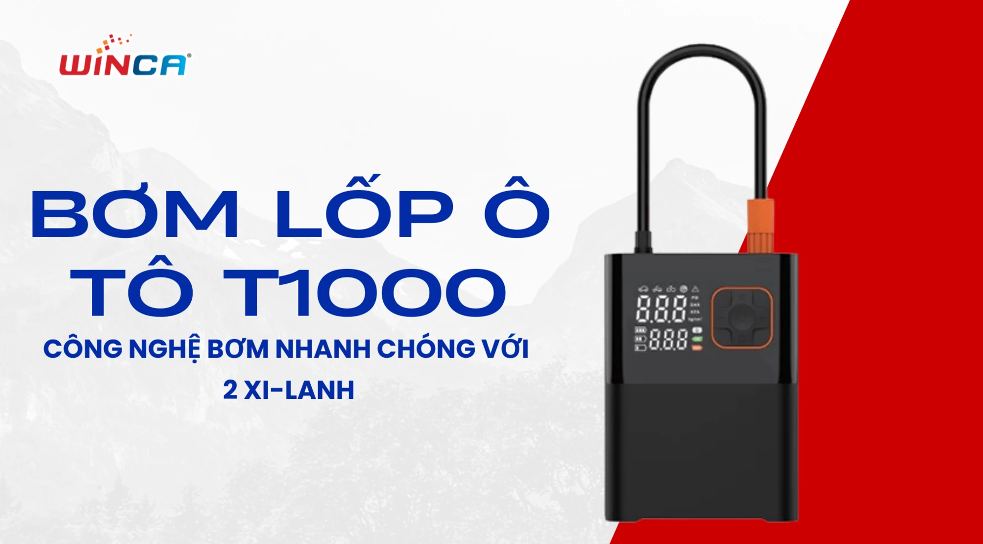 Bơm lốp ô tô T1000 - Công nghệ bơm nhanh chóng với 2 xi-lanh